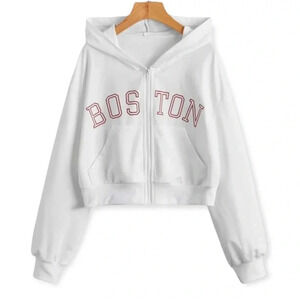 BOSTON NEW WOMENS WHITE GRAPHIC HOODED CROPPED ZIP SWEATSHIRT TOP SHIRT SIZE S